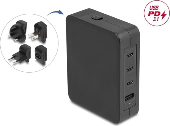 Picture of Delock USB GaN Charger 3 x USB Type-C™ PD 3.1 and 1 x USB Type-A with 145 W including power adapter for EU / US / UK