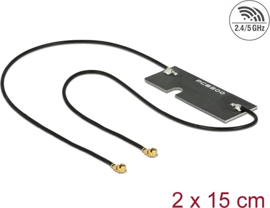 Изображение Delock WLAN 802.11 ac/a/h/b/g/n Twin Antenna 2 x I-PEX Inc., MHF® I plug 3 - 5 dBi 1.13 2 x 15 cm PCB internal self adhesive