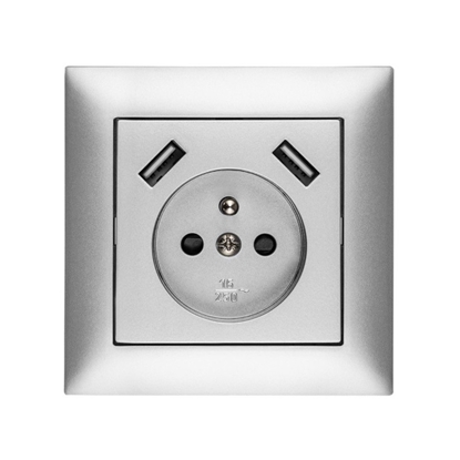 Attēls no Elektro-Plast Sentia Gniazdo pojedyncze z/u 16A z USB 2x2,1A 5VDC z przesonami i ramk srebrne GPT 2P+Z 2xUSB (1488-06)