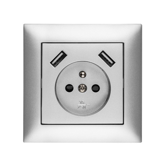 Picture of Elektro-Plast Sentia Gniazdo pojedyncze z/u 16A z USB 2x2,1A 5VDC z przesonami i ramk srebrne GPT 2P+Z 2xUSB (1488-06)