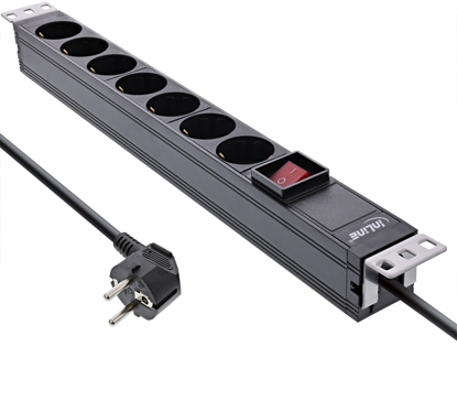 Picture of InLine InLine® 19" socket strip, 7-way protective contact, with switch, 2m, black, variable mounting bracket