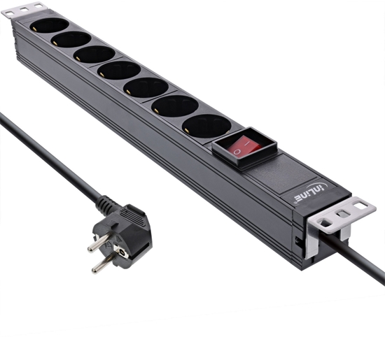 Picture of InLine InLine® 19" socket strip, 7-way protective contact, with switch, 2m, black, variable mounting bracket
