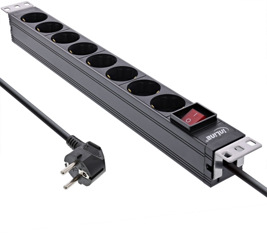 Picture of InLine InLine® 19" socket strip, 8-way earthing contact, with switch, 2m, black, variable mounting brackets