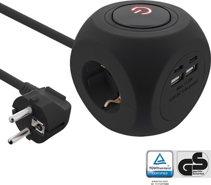 Picture of InLine InLine® Charging Cube, 3x earthing contact, 2x USB-C, 2x USB-A, black, 2m