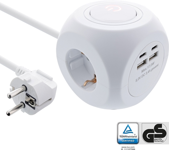 Picture of InLine InLine® Charging Cube, 3x earthing contact, 2x USB-C, 2x USB-A, white, 2m