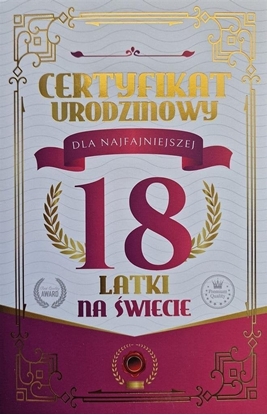 Picture of Karnet Certyfikat Urodzinowy 18 urodziny damskie