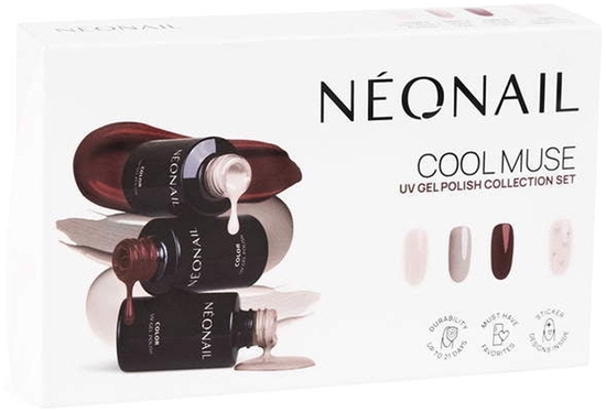 Изображение NEONAIL_SET Cool Muse Cranberry Charm lakier hybrydowy 3ml + Muted Taupe lakier hybrydowy 3ml + Days Without Pressure lakier hybrydowy 3ml + Metallic Silver naklejki do paznokci 1szt
