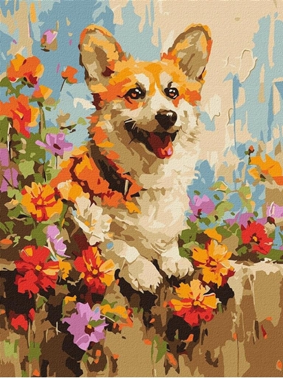 Picture of Norimpex Malowanie po numerach - Corgi w kwiatach 30x40cm