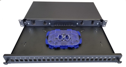 Picture of OEM Wysuwana szafka optyczna 1U, 24x SC simplex (24x LC duplex, 24x E2000) z kaset OPTRONIC do 24 spawów, czarny