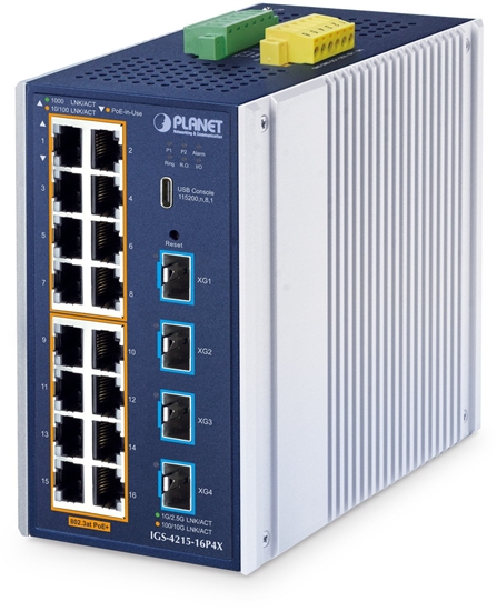 Picture of PLANET ndustrial L2+ 16-Port 10/100/1000T 802.3at PoE + 4-Port 10G SFP+ Managed Ethernet Switch Zarzdzany L2+ Gigabit Ethernet (10/100/1000) Obsuga PoE Aluminium, Niebieski