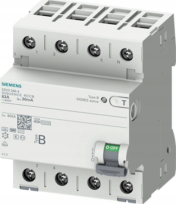 Attēls no Siemens Wycznik rónicowoprdowy 3P+N Typ B 63A 30mA 400V AC 5SV3346-4