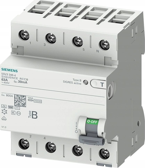 Picture of Siemens Wycznik rónicowoprdowy 3P+N Typ B 63A 30mA 400V AC 5SV3346-4