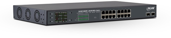 Picture of Switch InLine InLine® PoE++ Gigabit Network Switch 16 Port, 1Gb/s, 2x SFP, 48,26cm (19" 1U, brackets incl.), Metal, fan control, w/display, password protection, 300