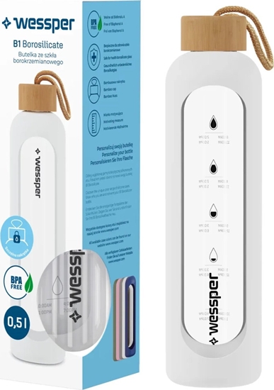 Изображение Wessper Wessper B1 Borosilicate 500 ml Szklana butelka na wod z miark motywacyjn z biaym etui