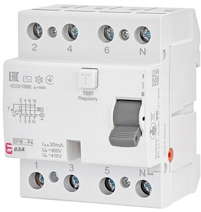 Изображение Wycznik rónicowoprdowy 4P 63A 0,03A typ A 6kA EFI6-P4 A 63/0.03 002061663