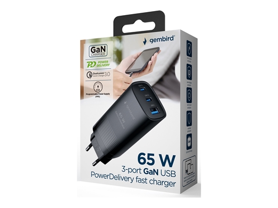 Picture of Cablexpert 3-port 65 W GaN USB PowerDelivery fast charger | TA-UC-PDQC65-01-BK