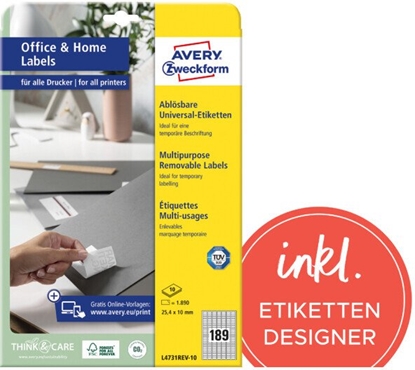 Изображение AVERY Zweckform Etykiety uniwersalne 25,4 x 10 mm biay wielokrotnie usuwalny z brzegiem dookoa certyfikowany FSC - 1 Stück (L4731REV-10)
