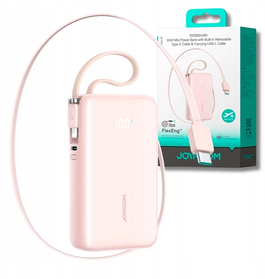 Picture of Powerbank Joyroom JR-PR2L 10000mAh 35W z wbudowanym zwijanym kablem USB-C i kablem-smycz Lightning - róowy