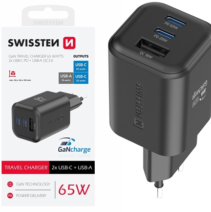 Attēls no Swissten Travel Charger GaN 2x USB-C / PD USB-A / 18W QC / 65W