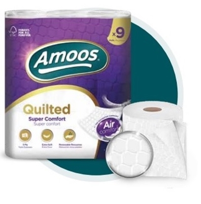 Attēls no +Tualetes papīrs AMOOS QUILTED, 3-slāņu, 9 ruļļi, 165 loksnes, 20m, (7iep/maisā)