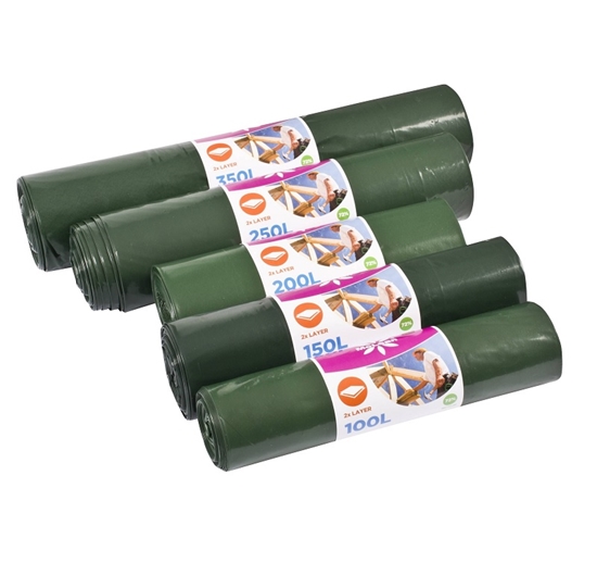 Picture of Atkritumu maisi 150L, 75x115cm, zali/melni, 60mikr, 2-kārt, LDPE, 5gab/rul, 24rul/kastē
