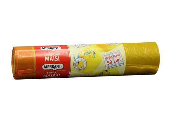Picture of Atkritumu maisi 50L, 62x77cm, dzelteni, aizvelkami, 25mikr, LDPE, MERKANT, 12gab/rul, 18ru