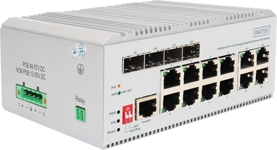Picture of Digitus 8 port Gigabit Ethernet network PoE switch, industrial, L2 managed, 4 SFP uplink