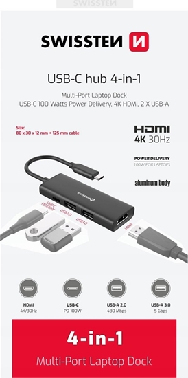 Picture of HUB USB Swissten 4in1 USB-C Hub Stacja dokujca laptopa z wieloma portami USB-C 100W / HDMI 4K / 2x USB-A