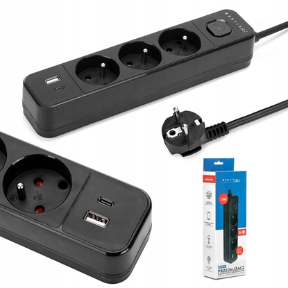 Attēls no Montis Przeduacz elektryczny czarny 3-gniazdowy z USB 1,5m MT185-BK-1,5
