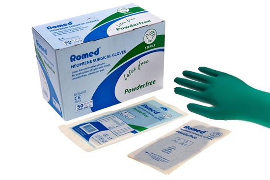 Picture of Sterili ķirurģiskie lateksa cimdi bez pūdera ROMED,zaļi, izm. 8.5, kastē 50 pāri