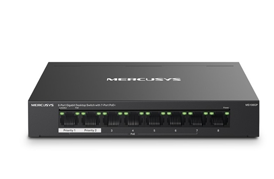 Изображение Przełącznik Mercusys 8-Port Gigabit Desktop Switch with 7× Gigabit PoE+ Ports, 1× Gigabit Non-PoE Ports MS108GP              