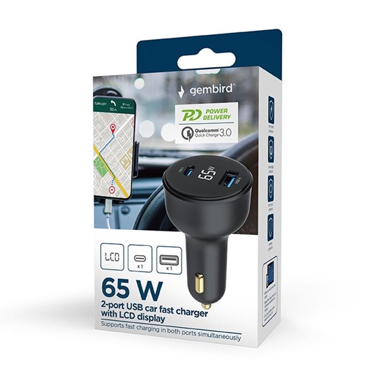 Picture of Auto lādētājs Gembird 2-port USB Car Fast Charger 65W Black