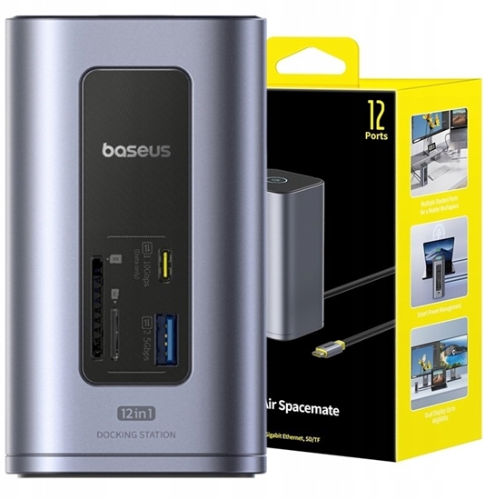 Изображение Baseus Air Spacemate 12w1 USB-C | 2xHDMI 4K@60Hz | 2xUSB-C 10Gb/s | 2xUSB-A 5Gb/s | 2xUSB-A (480Mb/s) |RJ45 | SD/microSD | 3.0 USB-C (PD) - szara