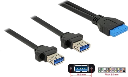 Picture of Delock Cable USB 3.0 pin header female 2.00 mm 19 pin > 2 x USB 3.0 Type-A female panel-mount 80 cm