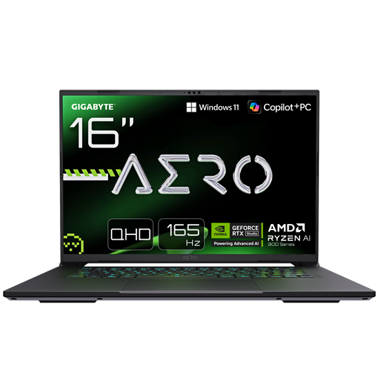 Изображение Gigabyte AERO X16 1WH-93EEC64DH | 16 " | AMD Ryzen Al 7 | 350 | 32 GB | DDR5 | Solid-state drive capacity 1000 GB | NVIDIA GeForce RTX 5070 | GDDR7 | 8 GB | Windows 11 Home | 802.11ax | Bluetooth version 5.2 | Keyboard language US international | Keyboard