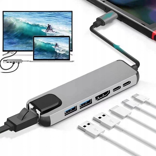 Picture of HUB USB Gembird GEMBIRD MULTI ADAPTER USB TYPE-C 5W1 (USB AF AND TYPE-C HUB + HDMI + PD+LAN) GRAY