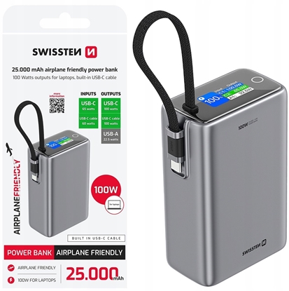 Picture of Swissten Power Bank 25000 mAh (96.25Wh) 100W with Built-in USB-C Cable