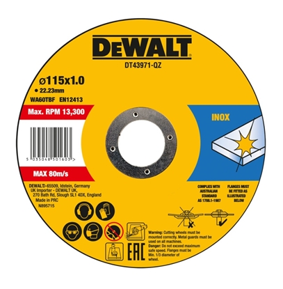 Picture of Abrazīvais griešanas disks DeWalt DT43971-QZ; 115x22,23x1,0 mm; 10 gab.