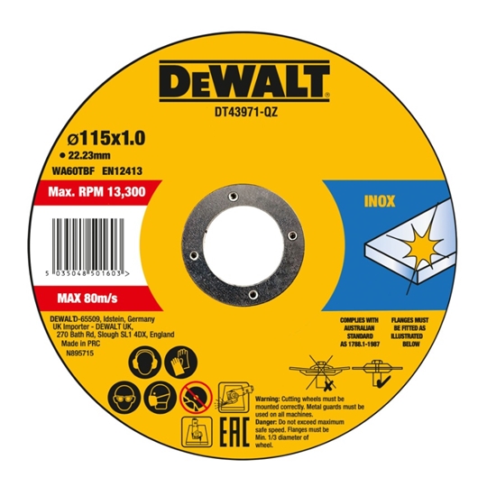 Picture of Abrazīvais griešanas disks DeWalt DT43971-QZ; 115x22,23x1,0 mm; 10 gab.