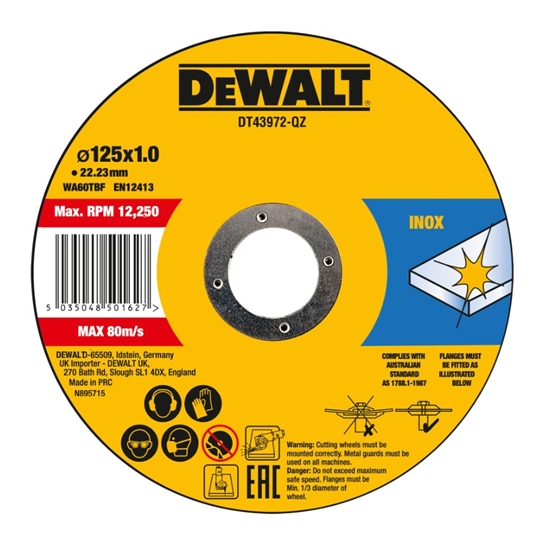 Picture of Abrazīvais griešanas disks DeWalt DT43972-QZ; 125x22,23x1,0 mm; 10 gab.