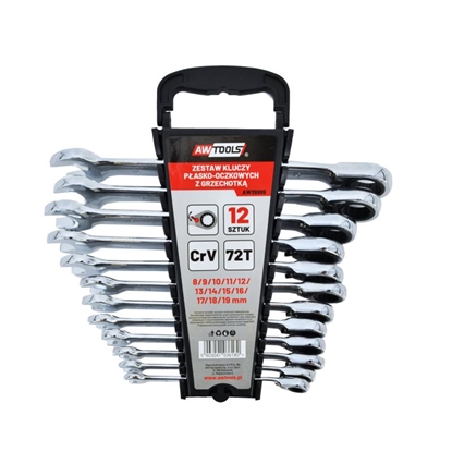 Изображение AWTools klucze pasko-oczkowe z grzechotk komplet 12 sztuk 8-19 mm (AW39999)
