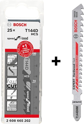 Attēls no Wyrzynarka Bosch Bosch Professional 25x T 144 D + 1x Expert Hardwood Fast T 144 DHM jigsaw blade (for wood, hardwood, jigsaw accessories)