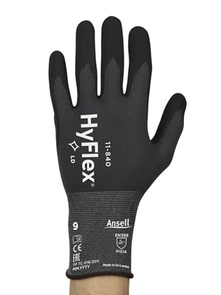 Picture of Safety gloves Ansell HyFlex 11-840, size 9. Nylon, spandex. Foam nitrile palm dipped. Retail pack