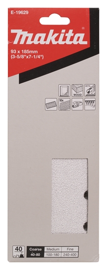 Изображение Daudzfunkcionālajām orbitālajām slīpmašīnām paredzētā smilšpapīra loksnes Makita E-19629; 93x185 mm; P40; 10 gab.