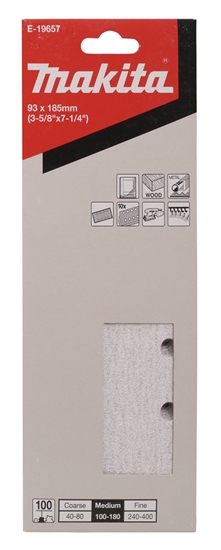 Изображение Daudzfunkcionālajām orbitālajām slīpmašīnām paredzētā smilšpapīra loksnes Makita E-19657; 93x185 mm; P100; 10 gab.