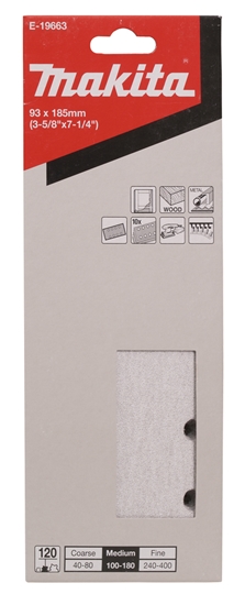 Изображение Daudzfunkcionālajām orbitālajām slīpmašīnām paredzētā smilšpapīra loksnes Makita E-19663; 93x185 mm; P120; 10 gab.