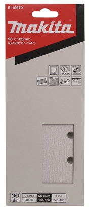 Изображение Daudzfunkcionālajām orbitālajām slīpmašīnām paredzētā smilšpapīra loksnes Makita E-19679; 93x185 mm; P150; 10 gab.