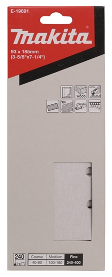 Изображение Daudzfunkcionālajām orbitālajām slīpmašīnām paredzētā smilšpapīra loksnes Makita E-19691; 93x185 mm; P240; 10 gab.