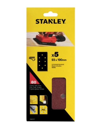 Picture of Daudzfunkcionālajām orbitālajām slīpmašīnām paredzētā smilšpapīra loksnes Stanley STA31517-XJ; 90x190 mm; K80; 5 gab.