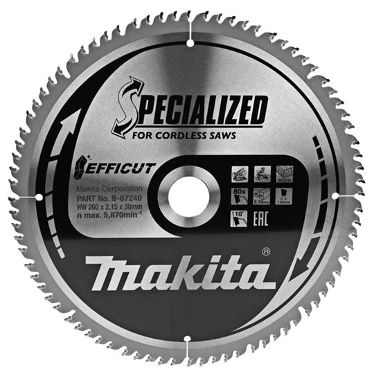 Изображение Griešanas disks kokam Makita EFFICUT; 260x2,15x30,0 mm; Z80; 10°